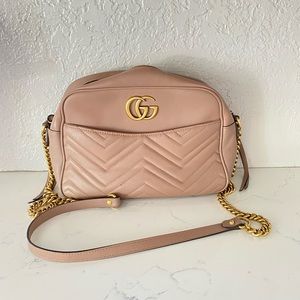 Gucci Calfskin Matelasse Medium GG Marmont Chain Crossbody Bag In Taupe